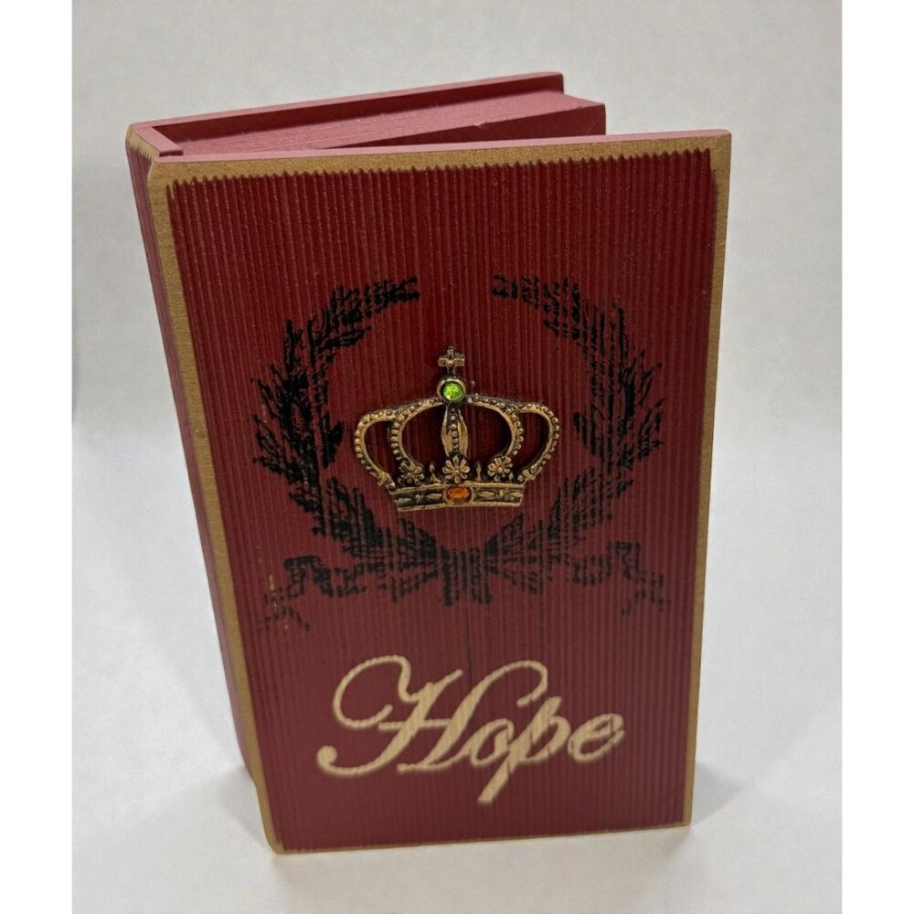 Hope Keepsake Storage Box Book Crown Embellishment Vintage Inspired Distressed